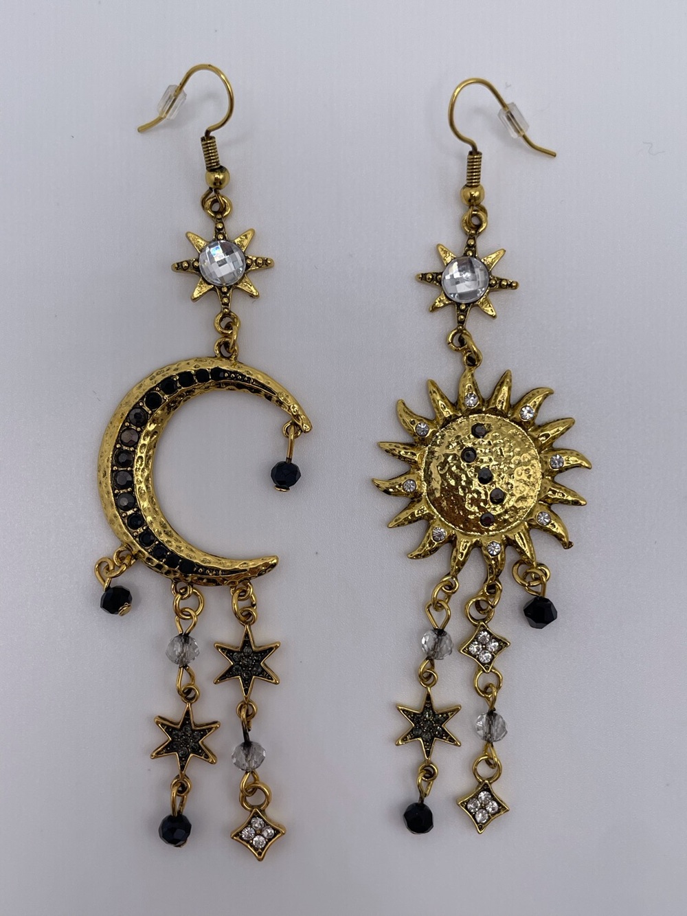 Gold Sun & Moon Dangle Earrings with Black Crystal Accents